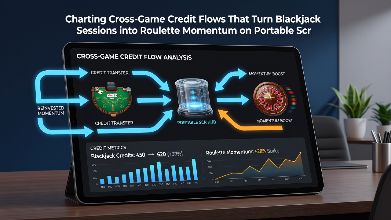 Analytics dashboard on tablet showing cross-game credit flow charts between blackjack and roulette