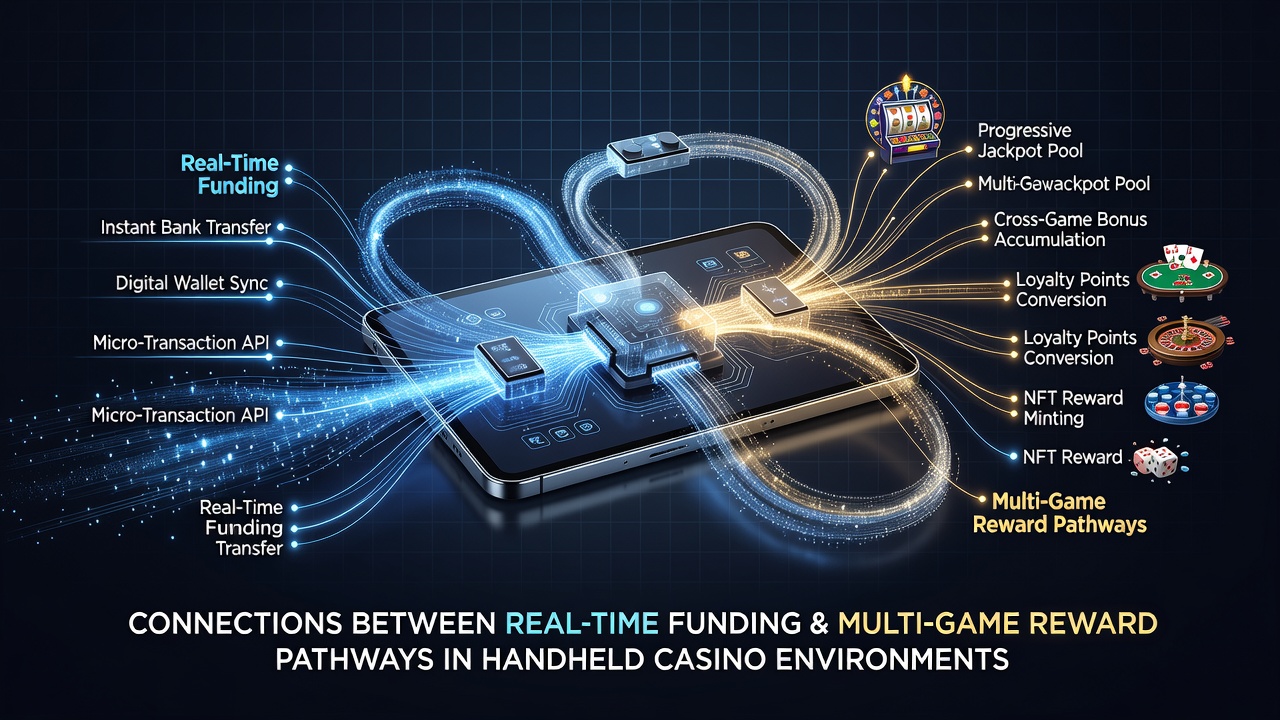Diagram showing real-time funding flow connecting slots, live dealer, and poker reward tiers on handheld devices
