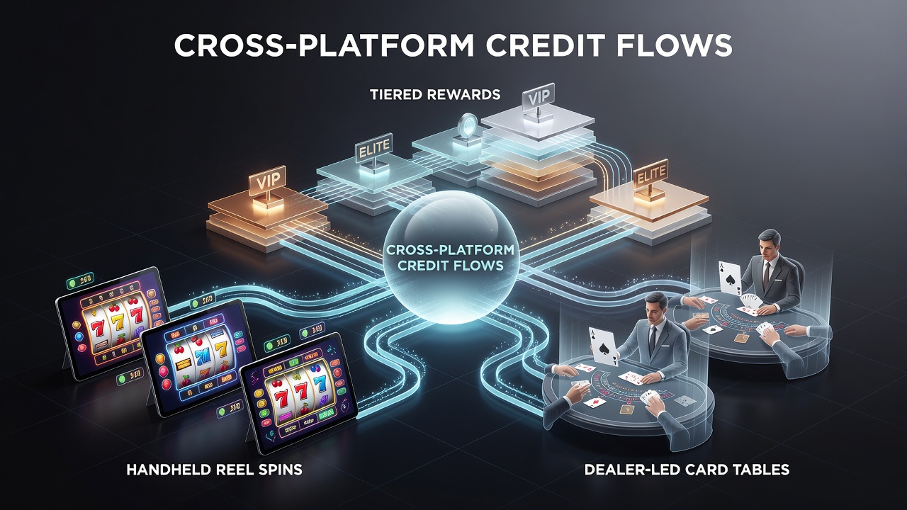 Dashboard view of tiered reward levels showing credit flows from mobile slots to live dealer tables