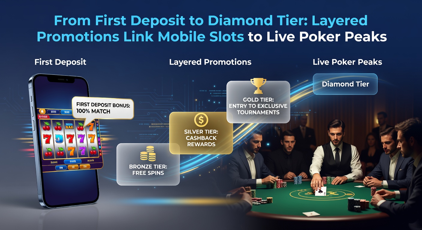 Diamond tier loyalty badge glowing on screen next to live poker table with stacked chips and mobile slot reels in background