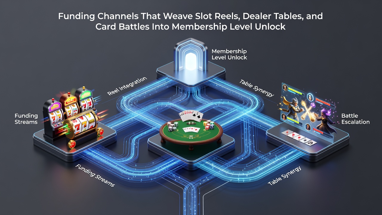 Diagram of payment pathways connecting mobile slots, live roulette, and Texas hold'em to escalating VIP rewards
