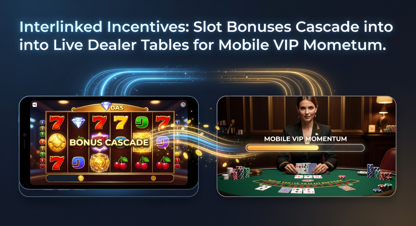 Dynamic graphic of a VIP ladder climbing via slot bonus cascades flowing into live roulette and blackjack interfaces on a smartphone