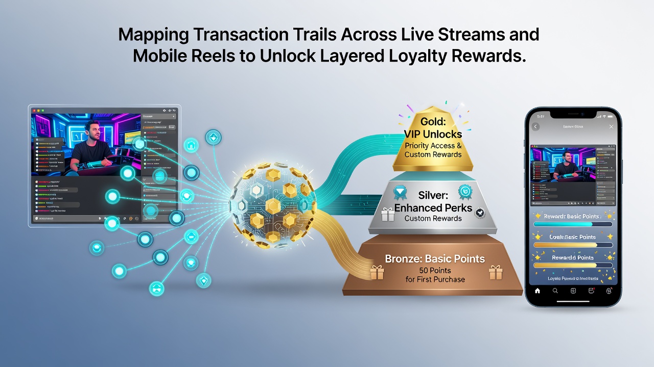 Data flow diagram illustrating how mobile reel transactions connect with live stream activity to build loyalty tier progression
