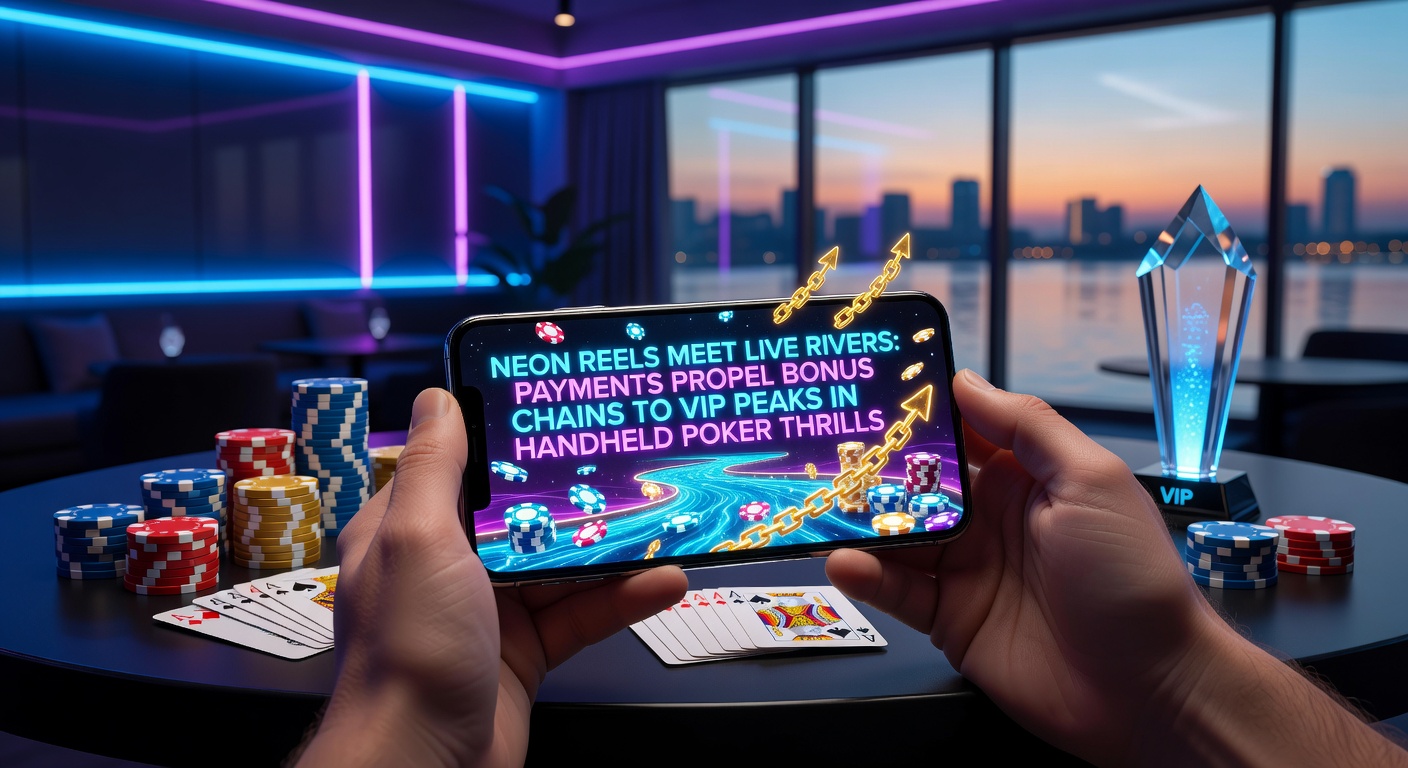 Mobile phone displaying a chain of bonuses from slots linking to a live poker VIP table, with payment icons flashing instant deposits