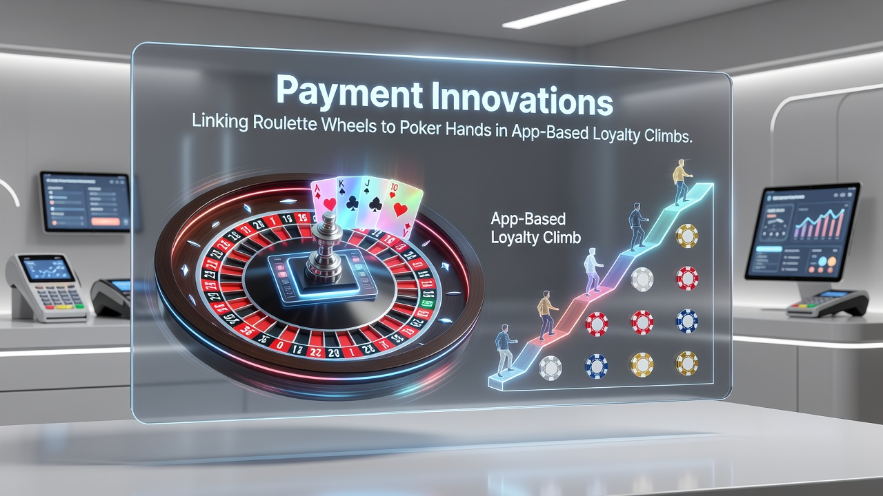 Infographic illustrating payment flow between roulette spins, poker hands, and shared loyalty meter in a mobile app