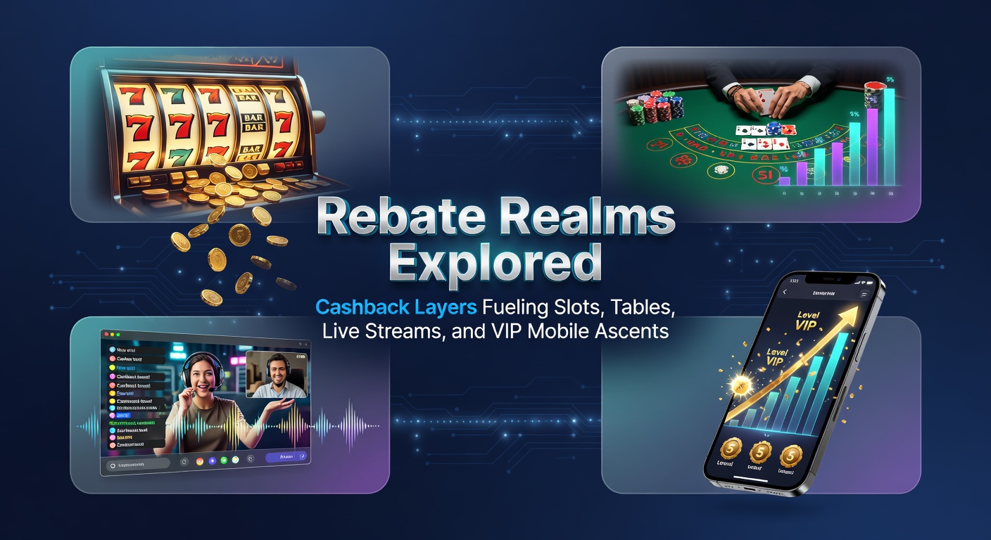 Dynamic illustration of a mobile VIP ladder ascending through rebate layers, connecting slot symbols, blackjack cards, roulette wheels, and live dealer cams with glowing cashback trails