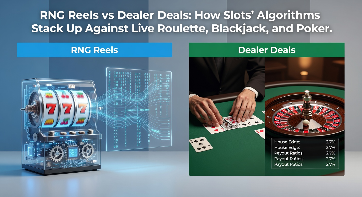 Close-up of a mobile phone screen displaying a live blackjack hand next to an RNG slot bonus wheel, with overlaid stats comparing RTP and volatility