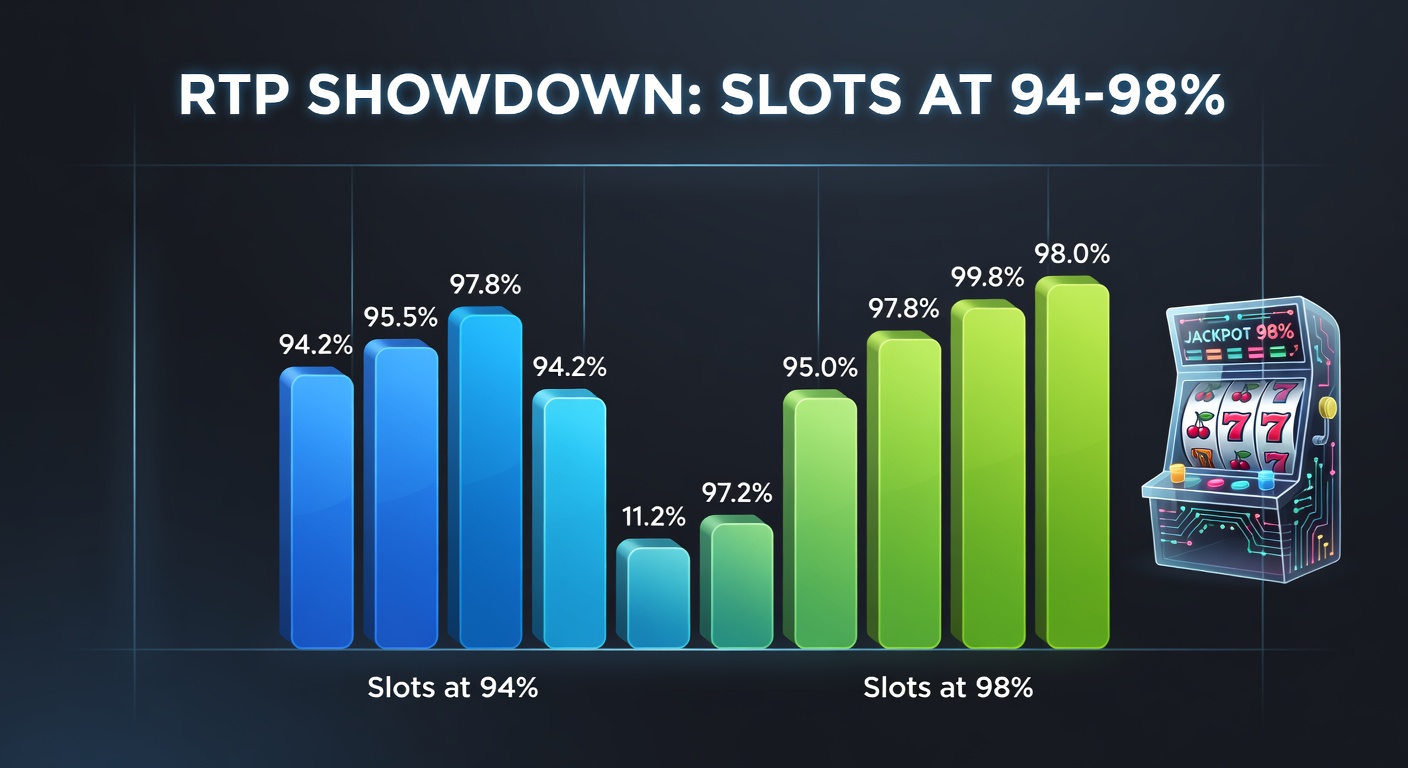 Comparison infographic pitting slot RTP bars at 94-98% against table games like blackjack at 99% and roulette at 97.3%, with volatility charts