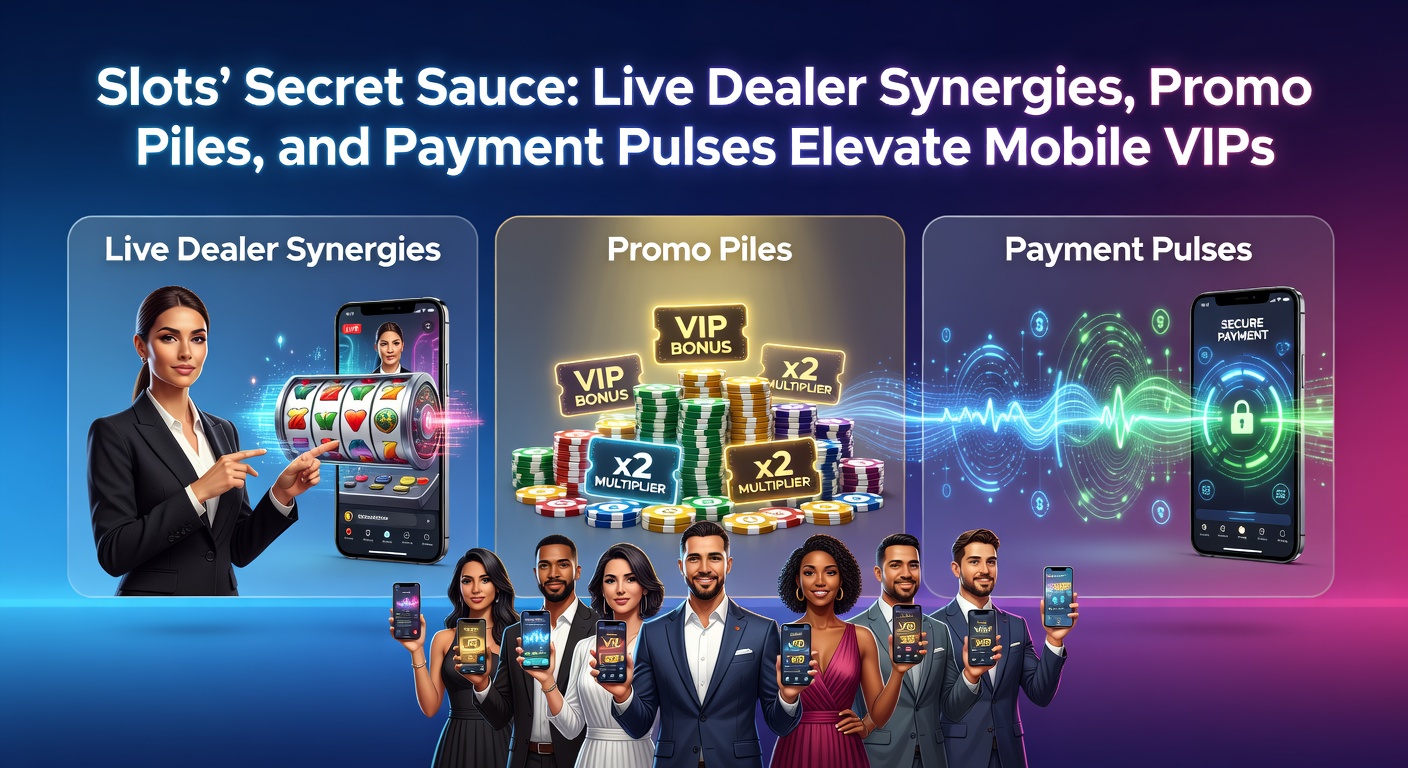 Close-up of a mobile VIP dashboard displaying stacked promo icons, live dealer video feed, slot paytable, and instant payment confirmation with rising loyalty meter