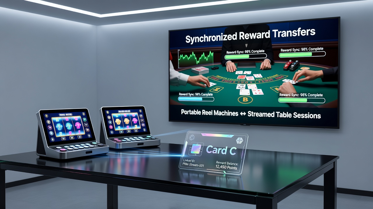 Live casino interface displaying synchronized bonus indicators across mobile reels and streamed card tables