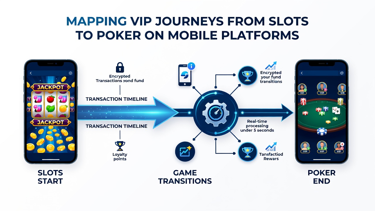 Timeline graphic illustrating VIP progression from mobile slots through instant deposits to poker tables with bonus flows