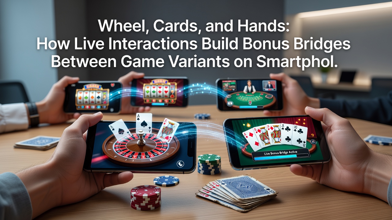 Close-up of mobile screen with live poker hands and roulette wheel sharing bonus progress bar